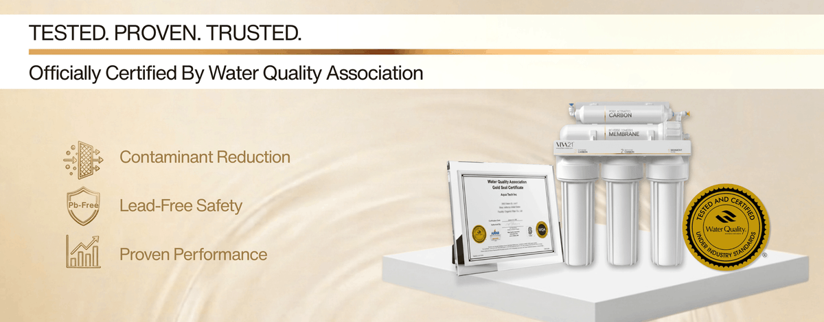 Water filtration system with certification on a beige background
