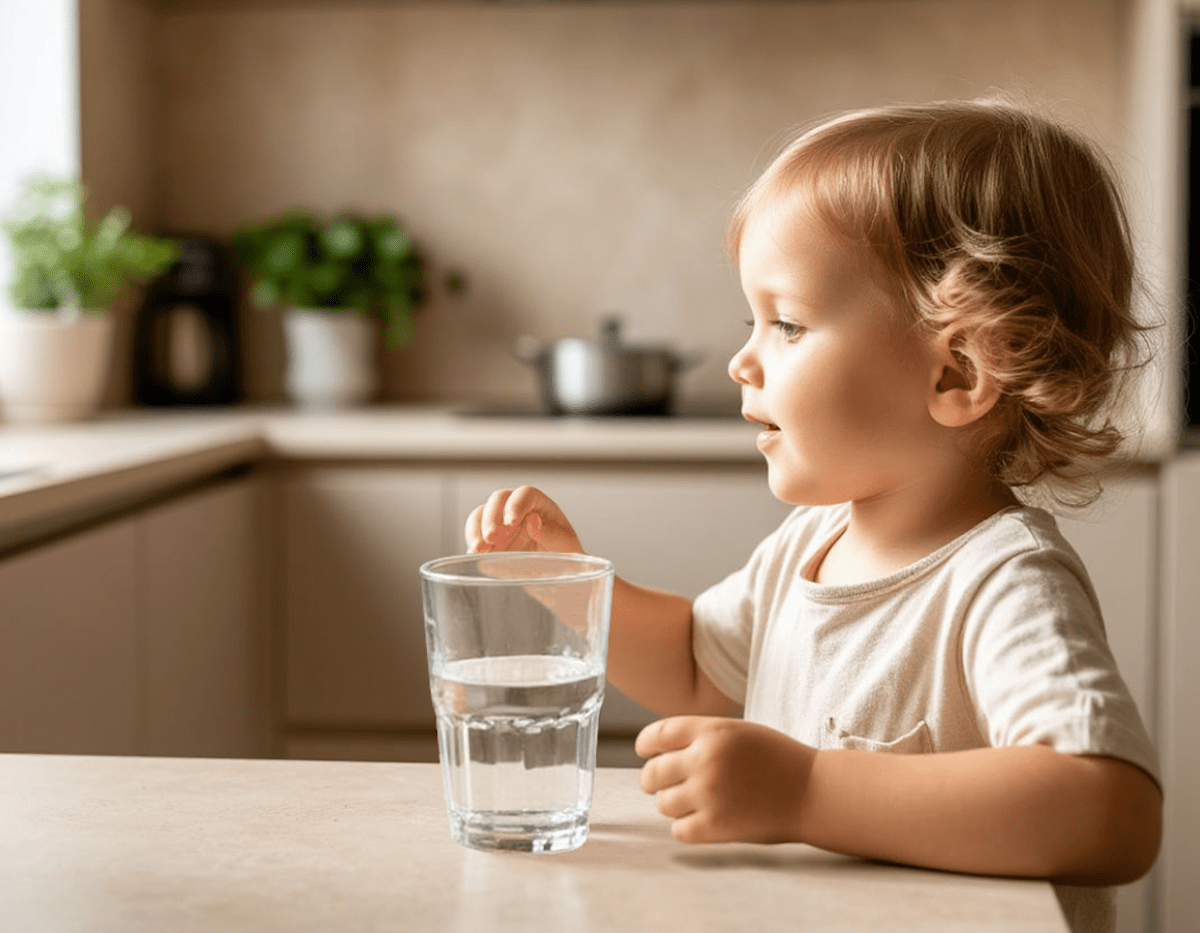 Child holding a glass of pure ro water in a kitchen setting