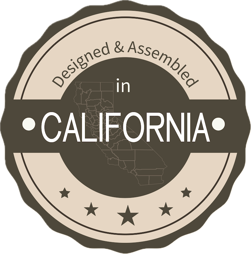 Logo with 'Designed & Assembled in California' text and a map of California.
