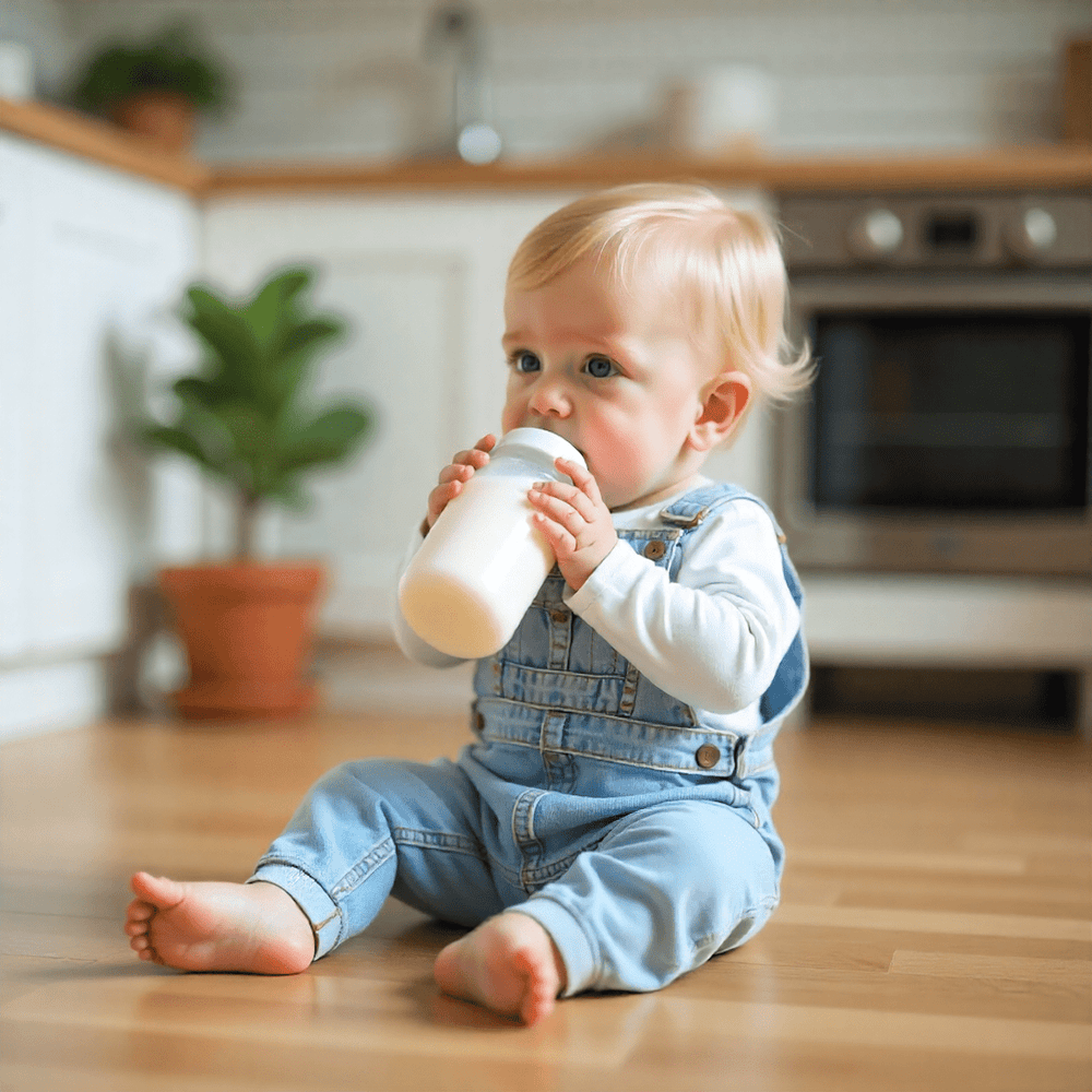 Baby in denim overalls sitting on a wooden floor, drinking from a bottle in a kitchen.