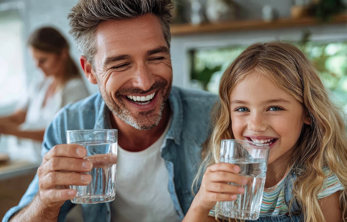 Man and young girl holding glasses of ro water indoors